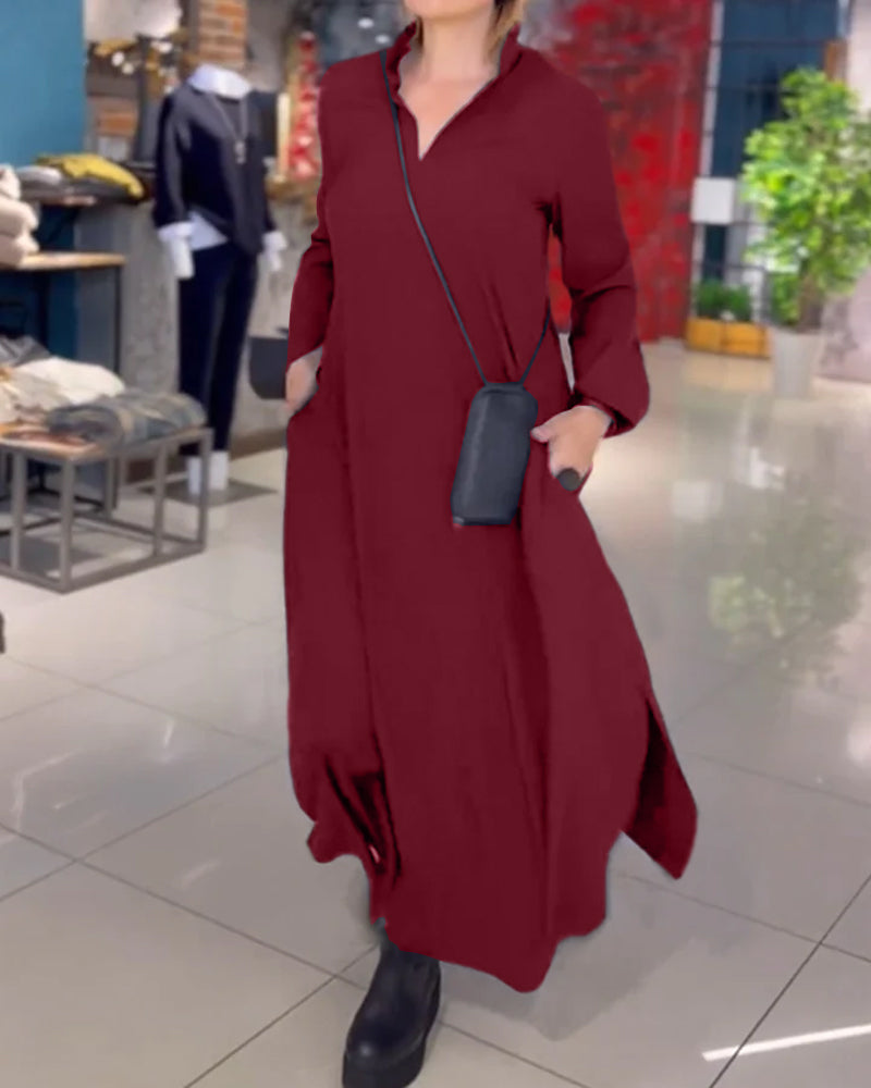 Lapel Loose Maxi Dress Women Side Slit Casual Elegant Fashion 4