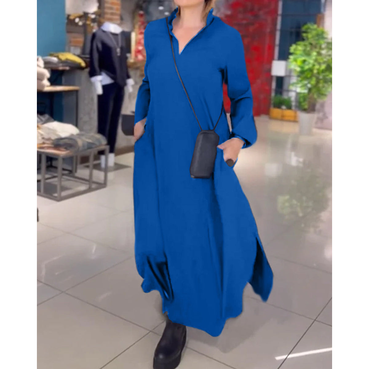 Lapel Loose Maxi Dress Women Side Slit Casual Elegant Fashion 5