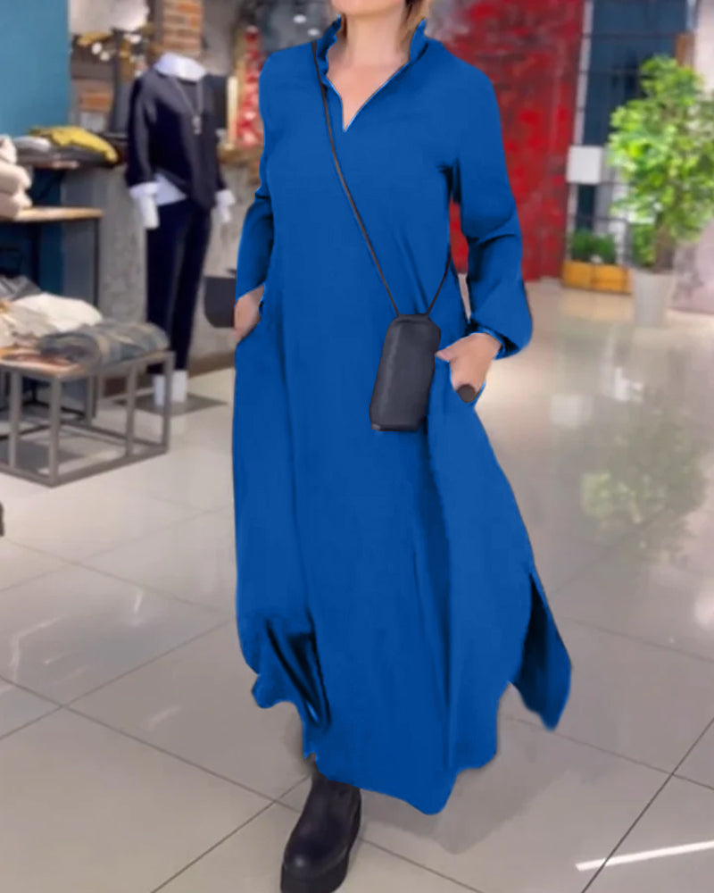 Lapel Loose Maxi Dress Women Side Slit Casual Elegant Fashion 5