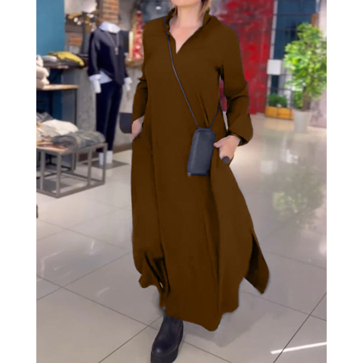 Lapel Loose Maxi Dress Women Side Slit Casual Elegant Fashion 6