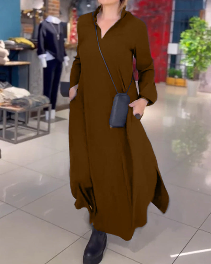 Lapel Loose Maxi Dress Women Side Slit Casual Elegant Fashion 6