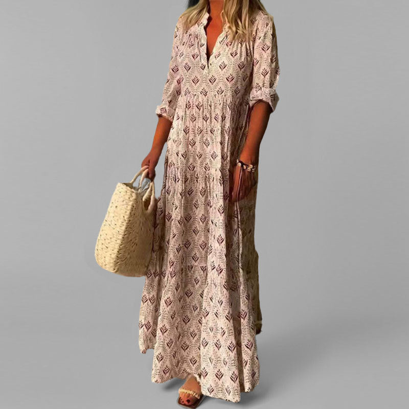 Lightweight Floral Maxi Dress Women V-Neck 3/4 Sleeve Casual Summer 0
