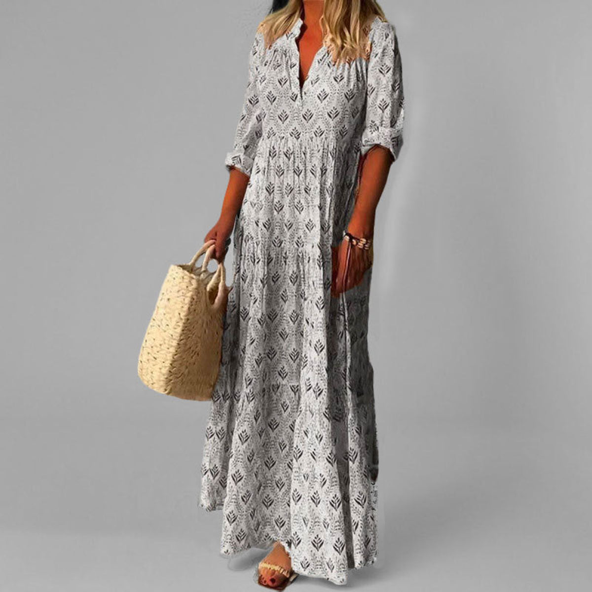 Lightweight Floral Maxi Dress Women V-Neck 3/4 Sleeve Casual Summer 2