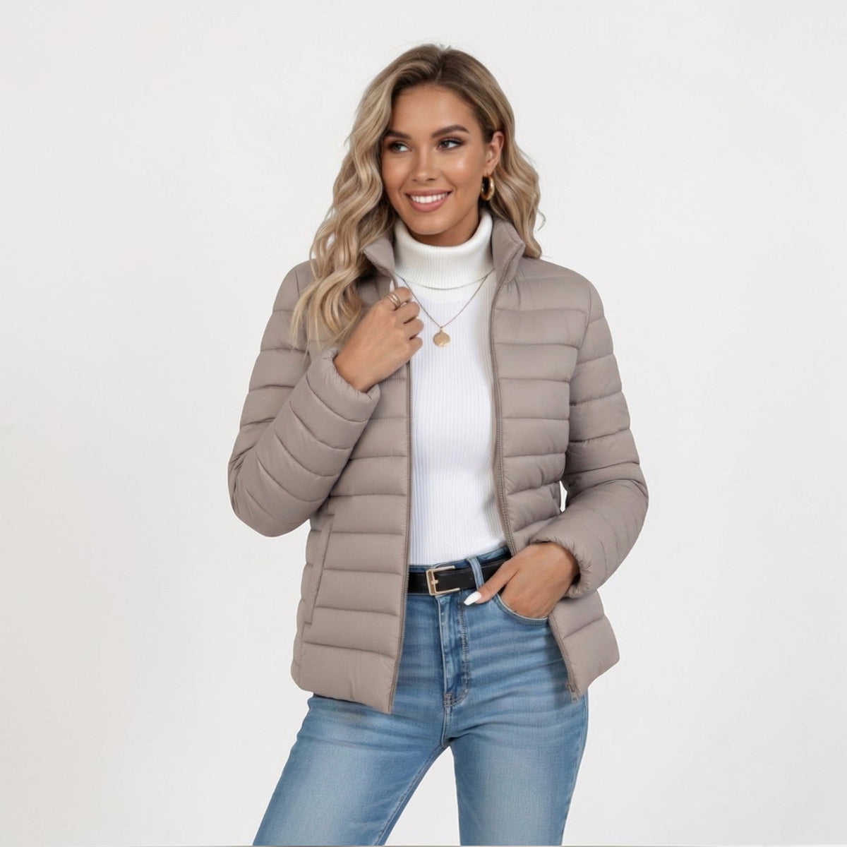 Lightweight Puffer Jacket Women Sandstone Beige Slim Fit Chic 0