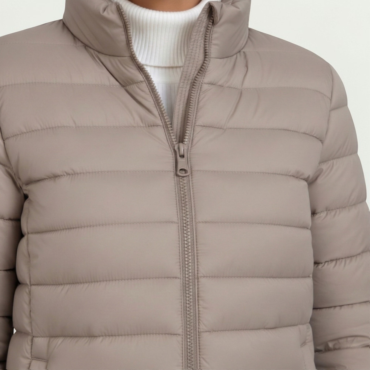 Lightweight Puffer Jacket Women Sandstone Beige Slim Fit Chic 1