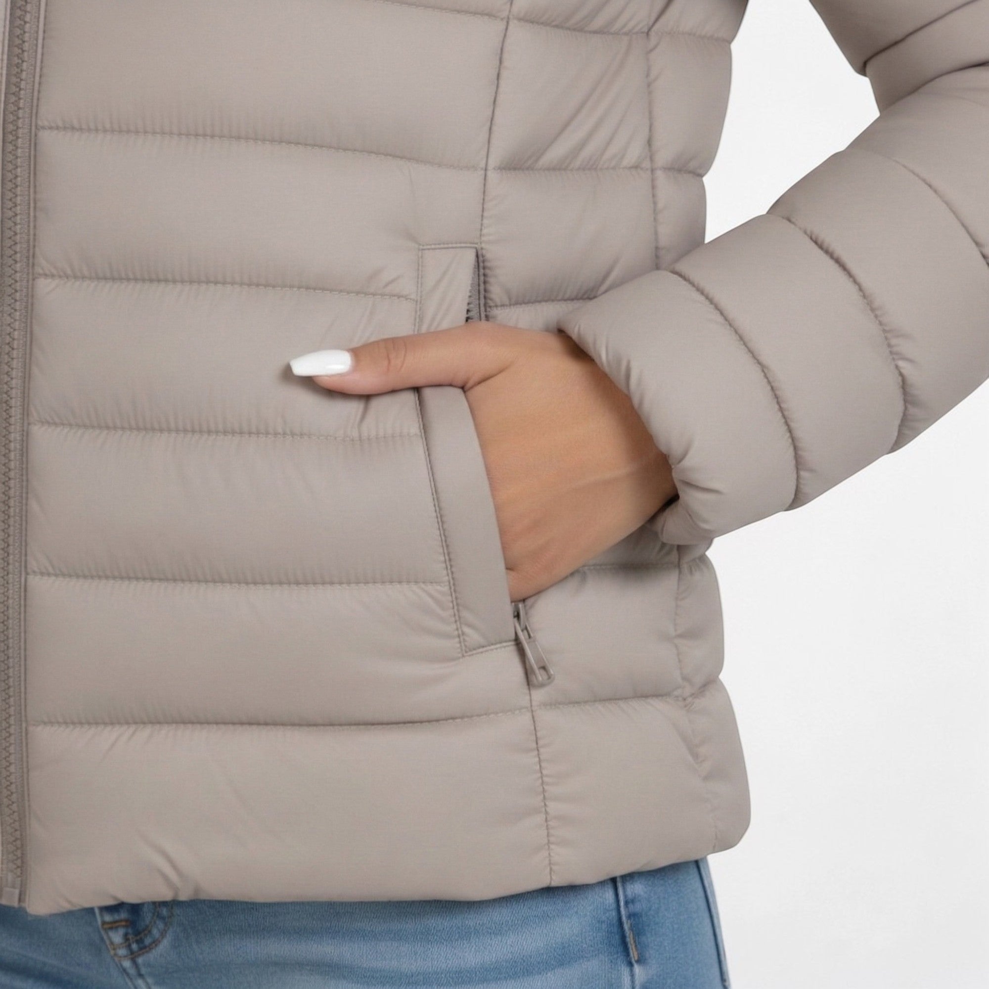 Lightweight Puffer Jacket Women Sandstone Beige Slim Fit Chic 2