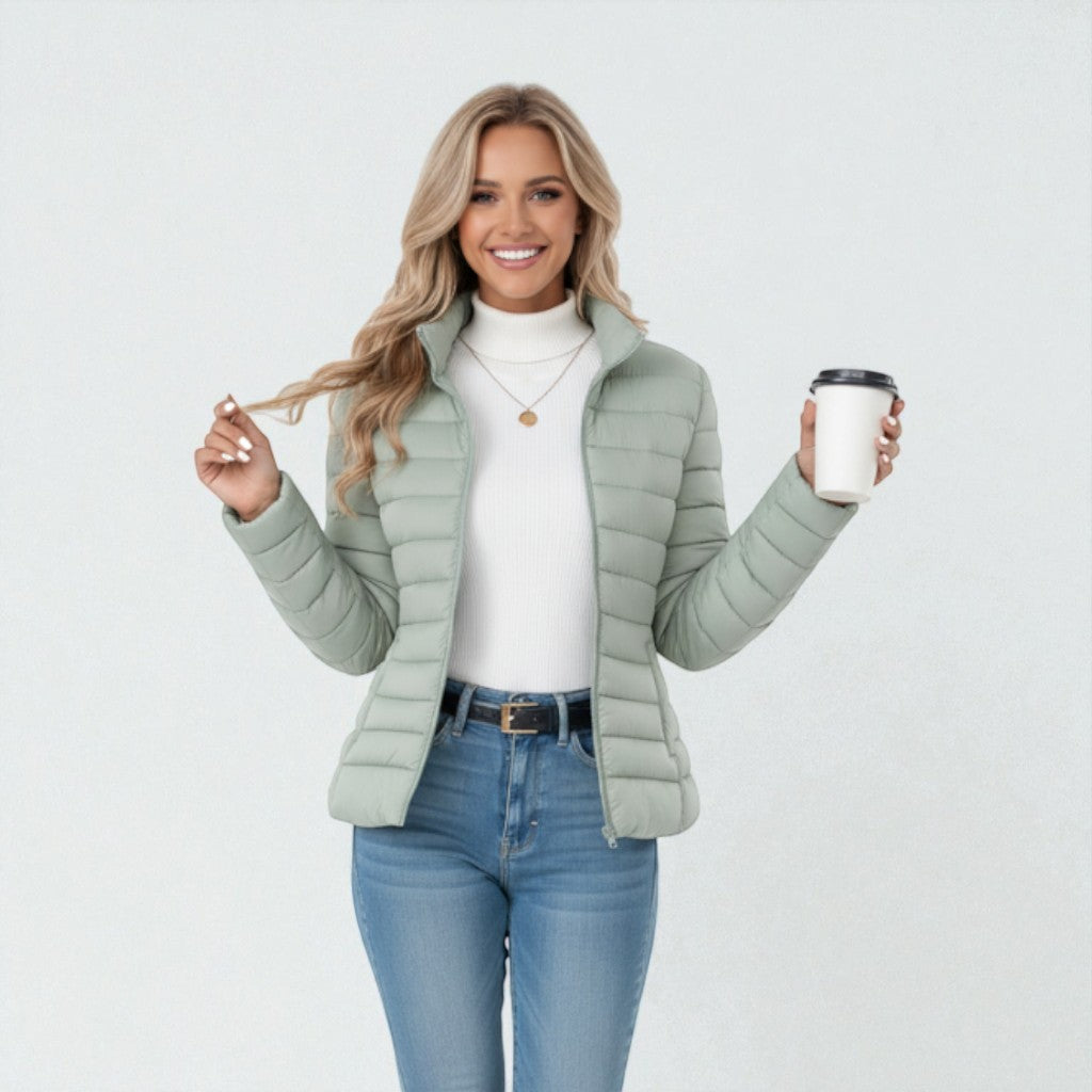 Lightweight Puffer Jacket Women Sandstone Beige Slim Fit Chic 3