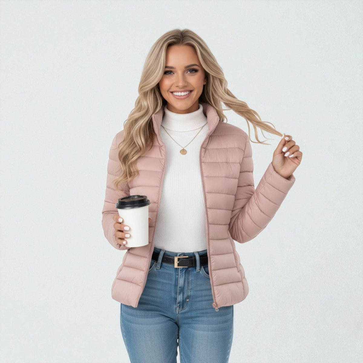 Lightweight Puffer Jacket Women Sandstone Beige Slim Fit Chic 5