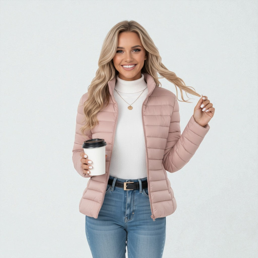 Lightweight Puffer Jacket Women Sandstone Beige Slim Fit Chic 5