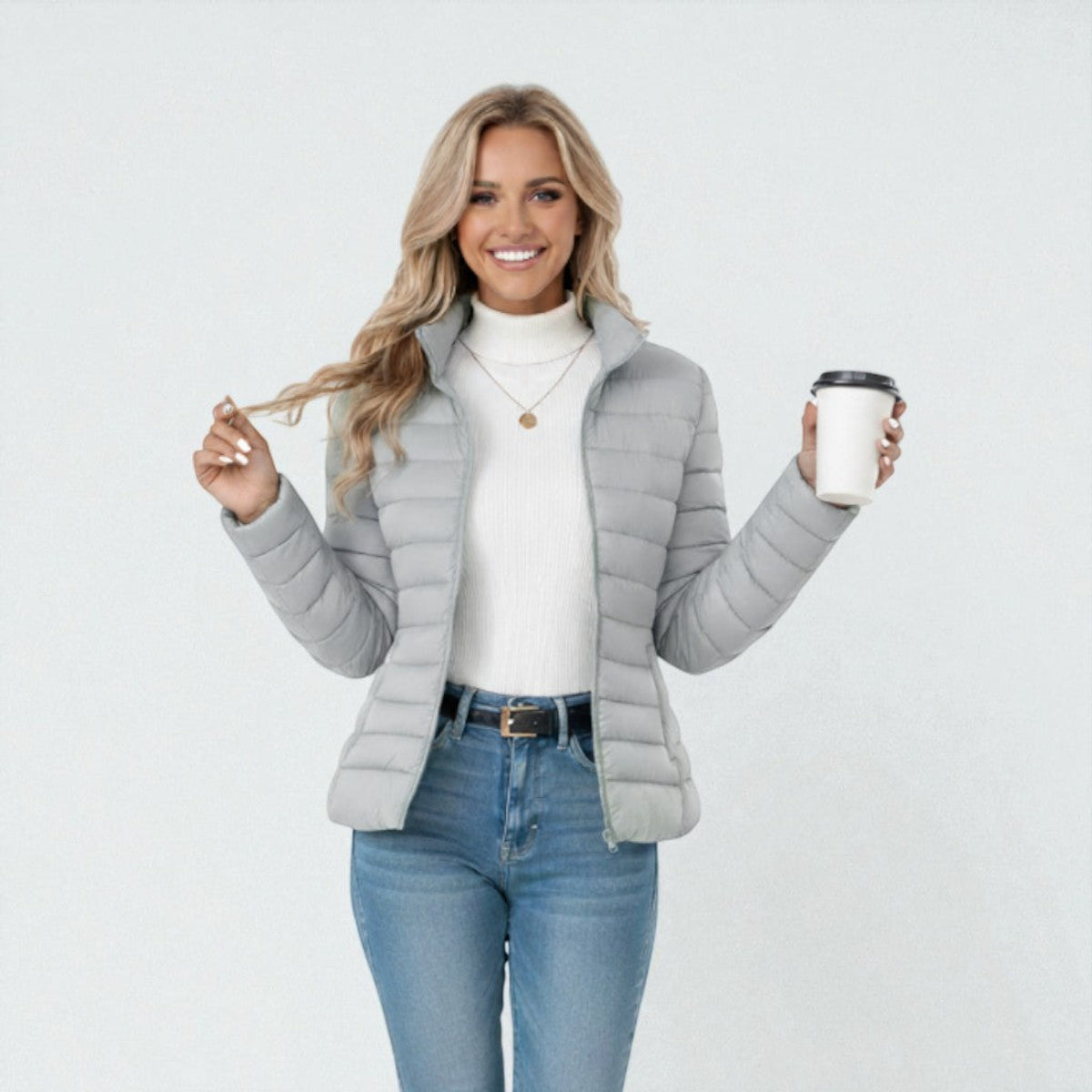 Lightweight Puffer Jacket Women Sandstone Beige Slim Fit Chic 6