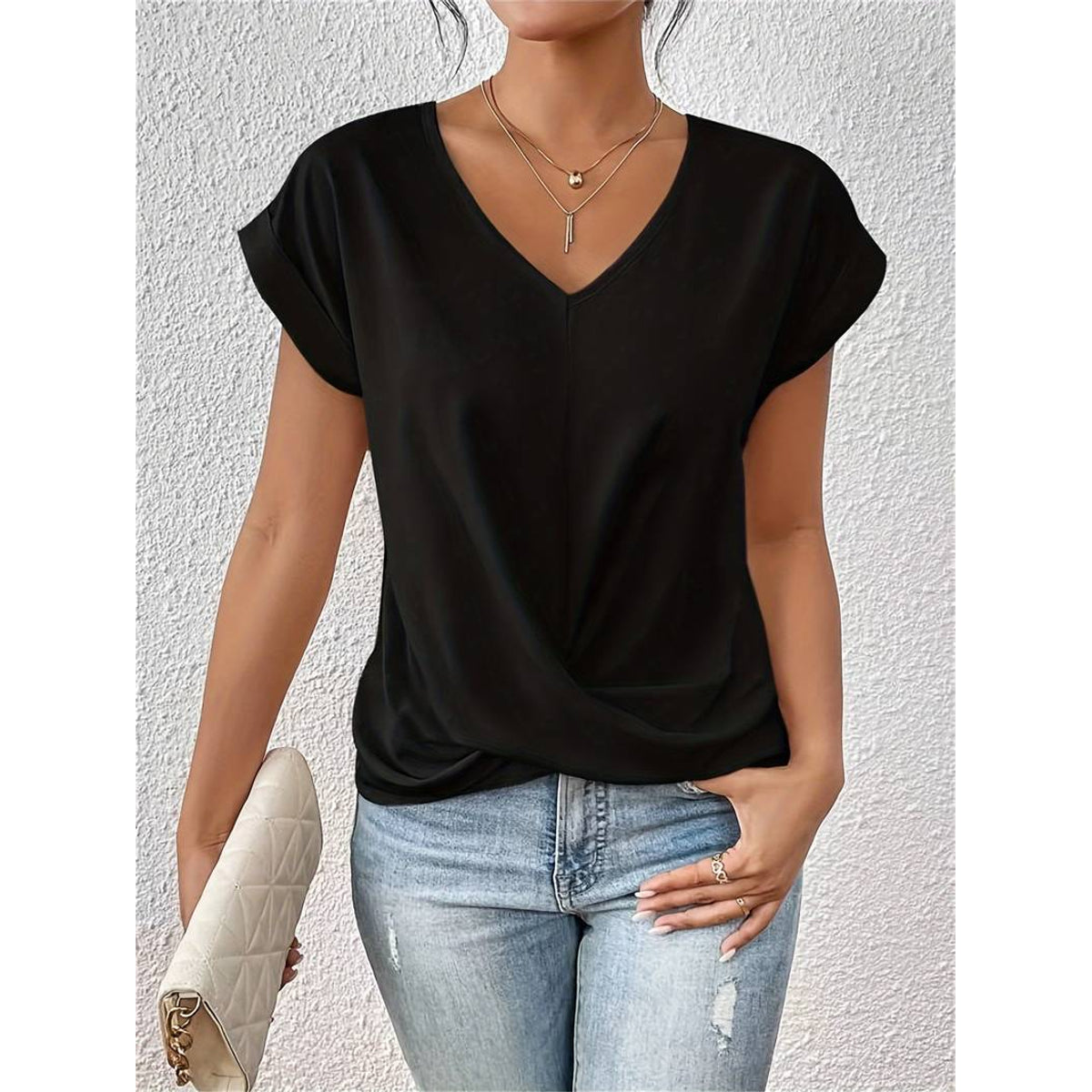 Lightweight Women's V-Neck Blouse - Breathable Oversized Drop Shoulder Tee 0