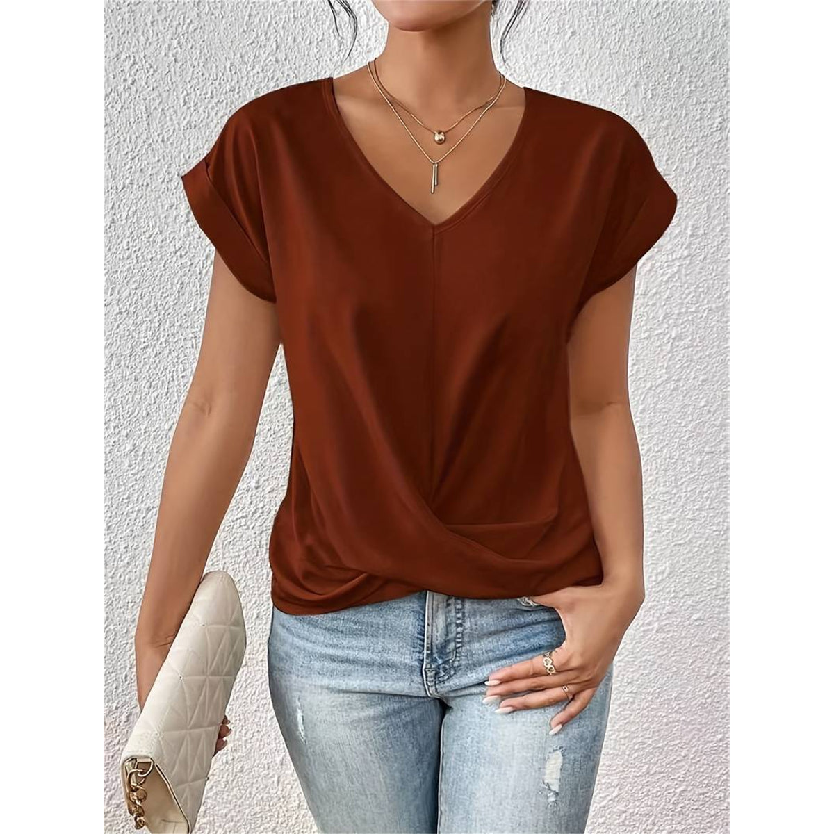 Lightweight Women's V-Neck Blouse - Breathable Oversized Drop Shoulder Tee 1