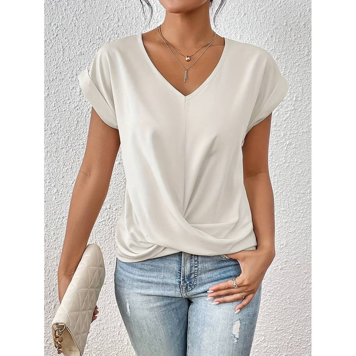 Lightweight Women's V-Neck Blouse - Breathable Oversized Drop Shoulder Tee 4