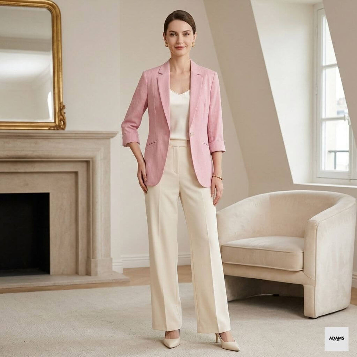 Linen Blazer Women Roll-Up Sleeves Chic Office Wear