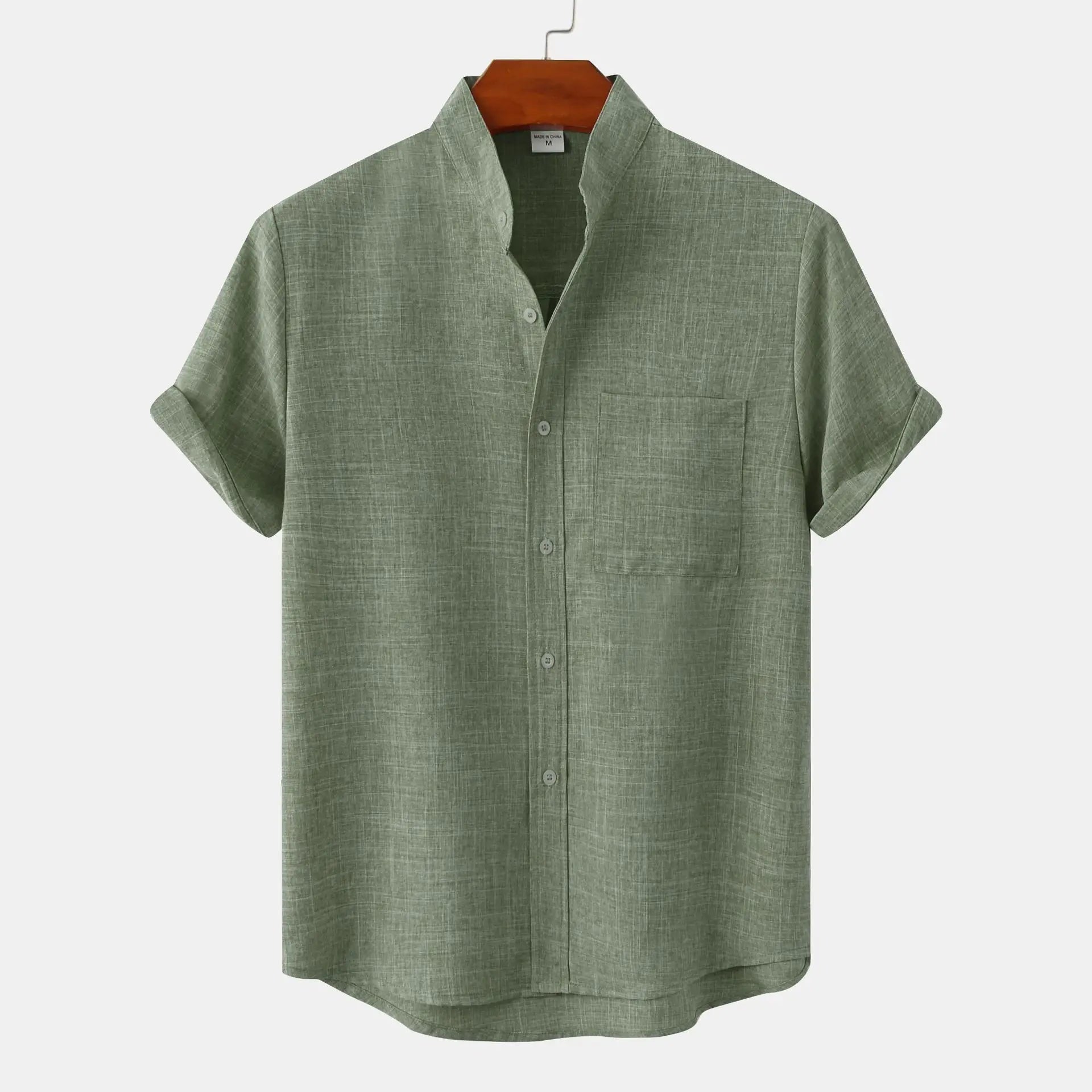 Linen Shirt Collarless Design Short Sleeves Casual Chic 1