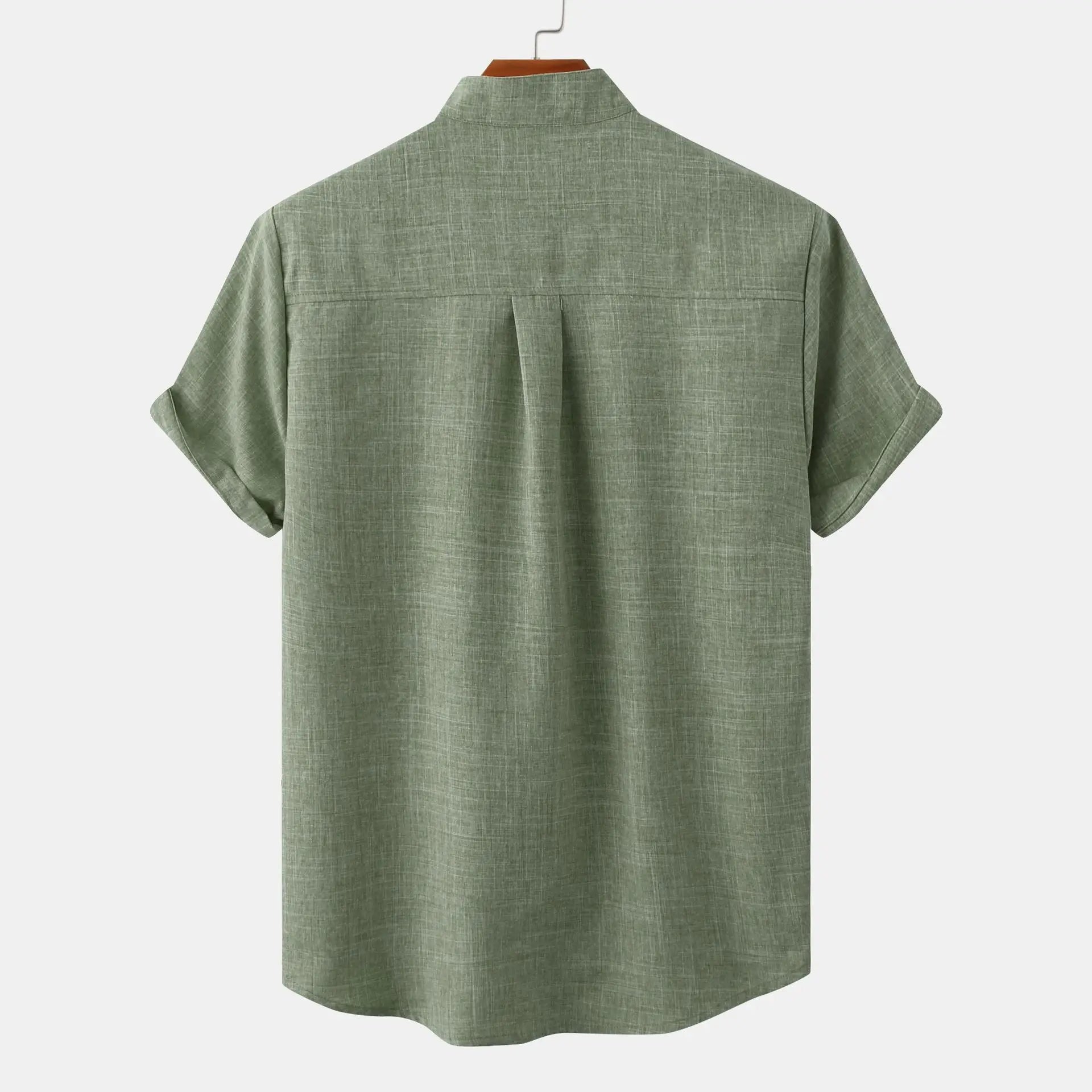 Linen Shirt Collarless Design Short Sleeves Casual Chic 2