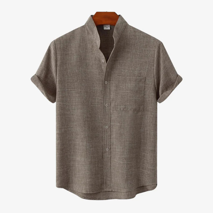 Linen Shirt Collarless Design Short Sleeves Casual Chic 3