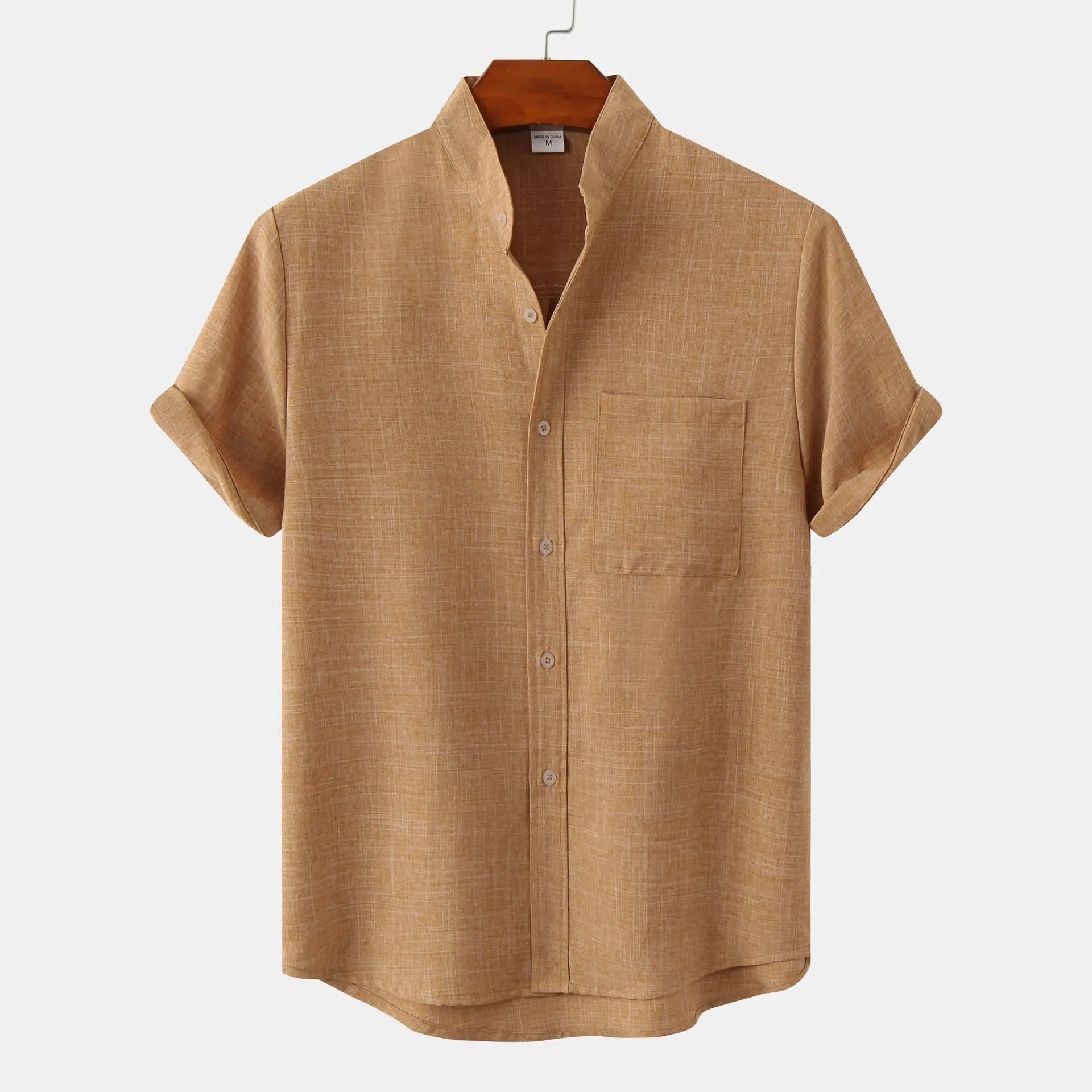Linen Shirt Collarless Design Short Sleeves Casual Chic 4
