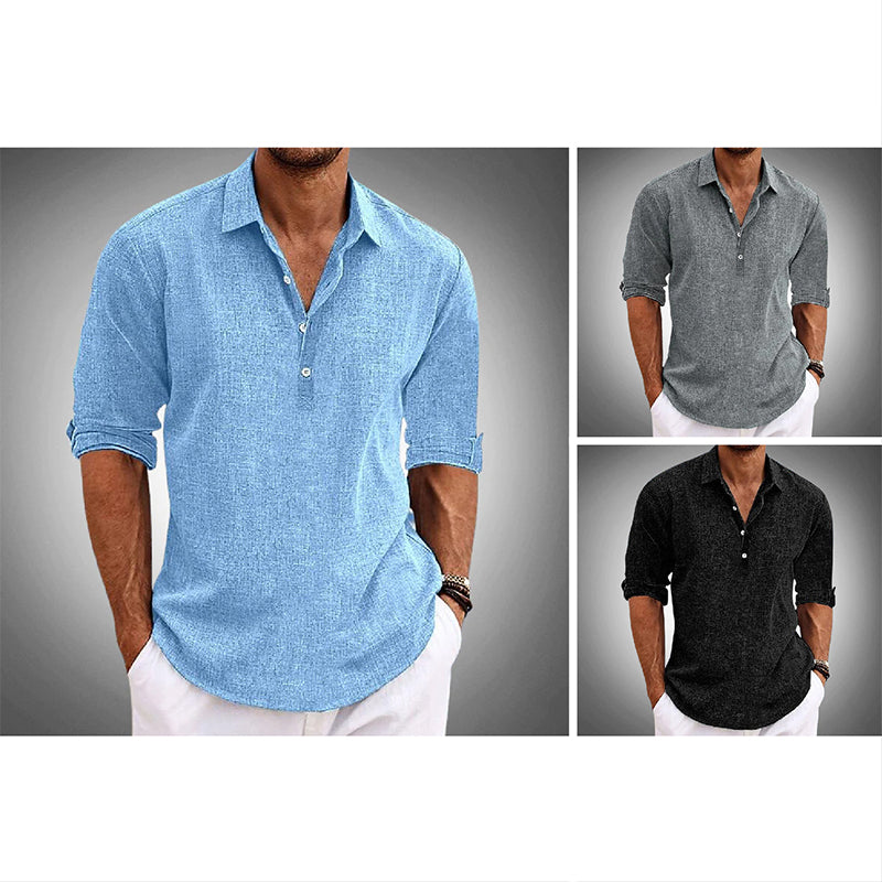 Linen Shirt Men Casual Elegant Lapel Collar Relaxed Fit 3