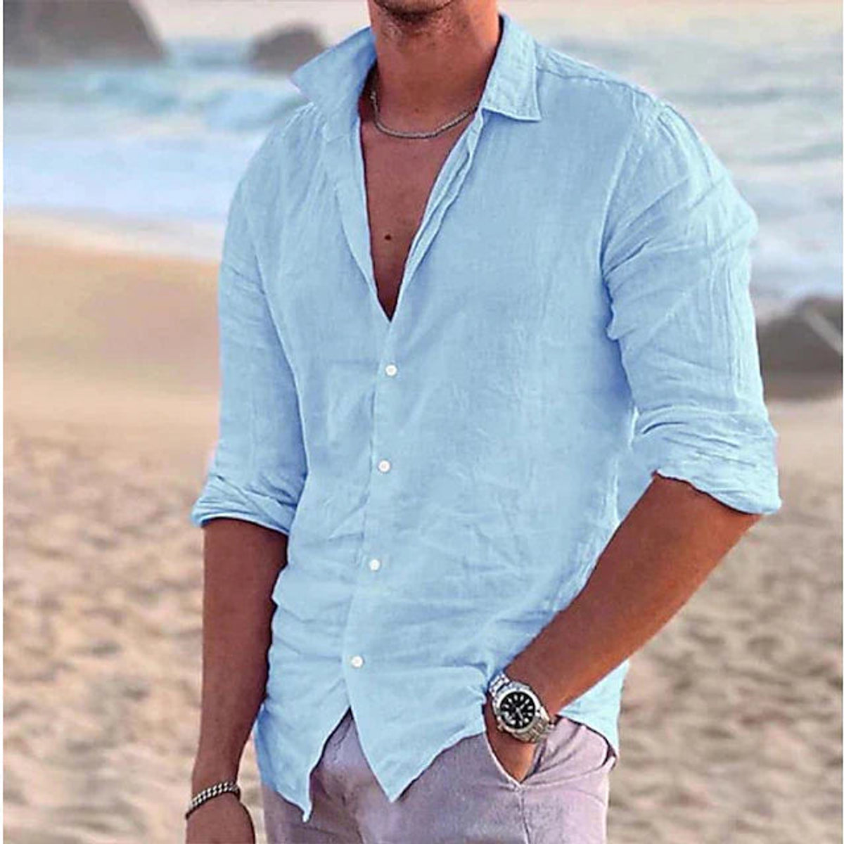 Linen Shirt Men Cotton-Linen Blend Casual Summer Style Breathable Fit 10