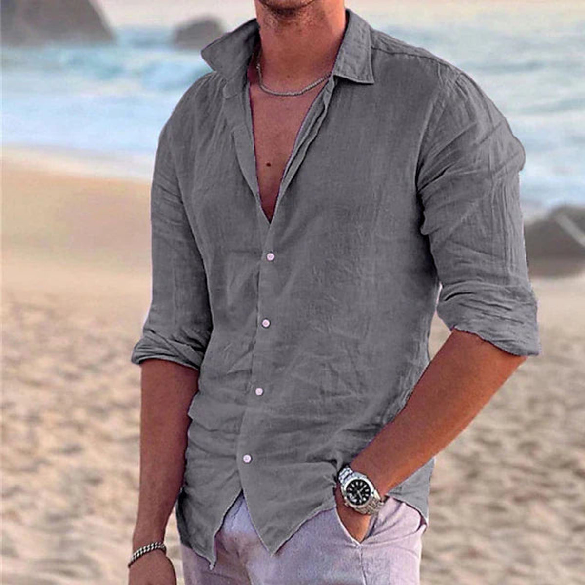 Linen Shirt Men Cotton-Linen Blend Casual Summer Style Breathable Fit 12