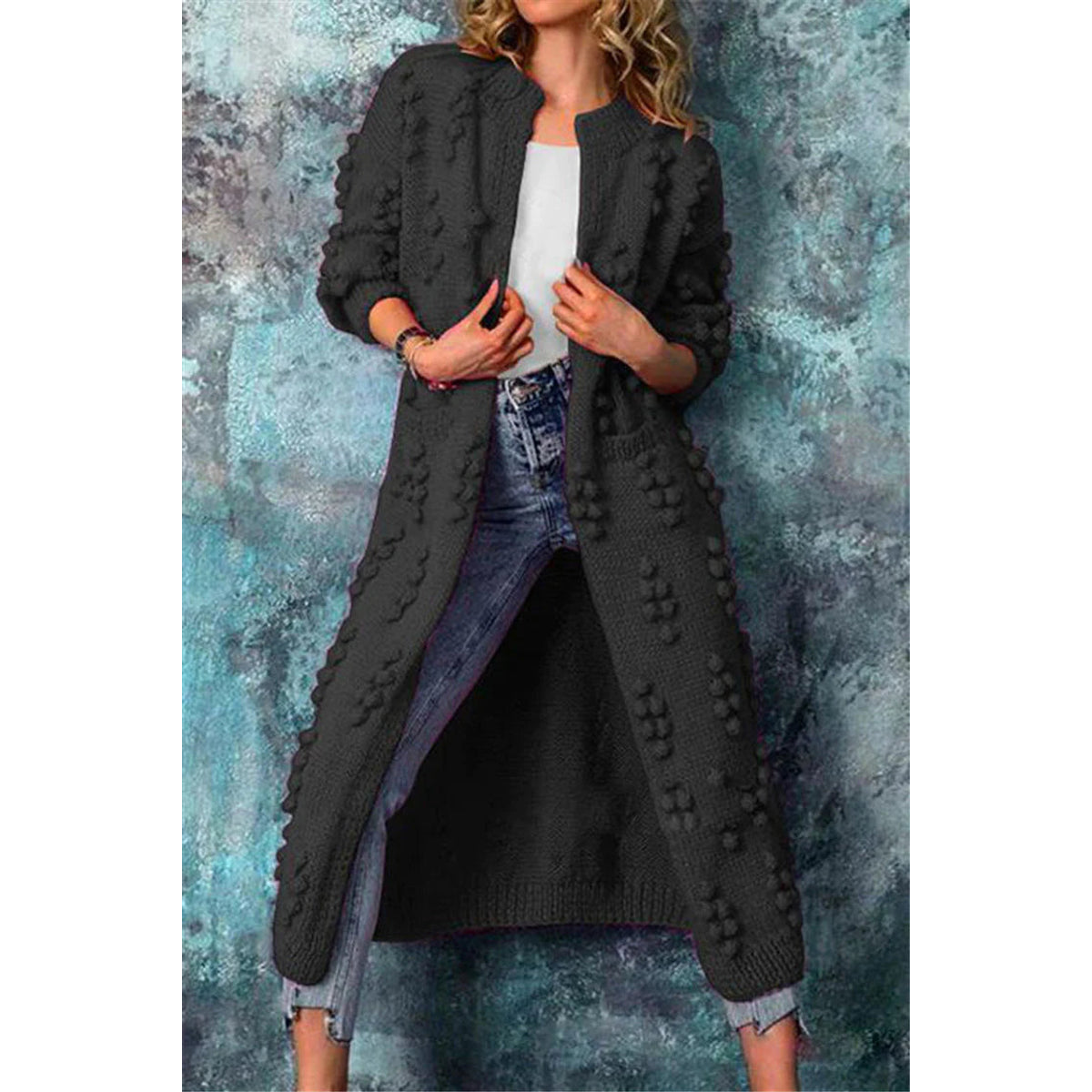 Long Knitted Cardigan Women Winter Stylish Poms Cozy Comfort 0