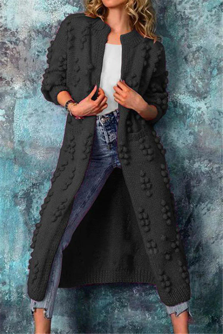 Long Knitted Cardigan Women Winter Stylish Poms Cozy Comfort 0