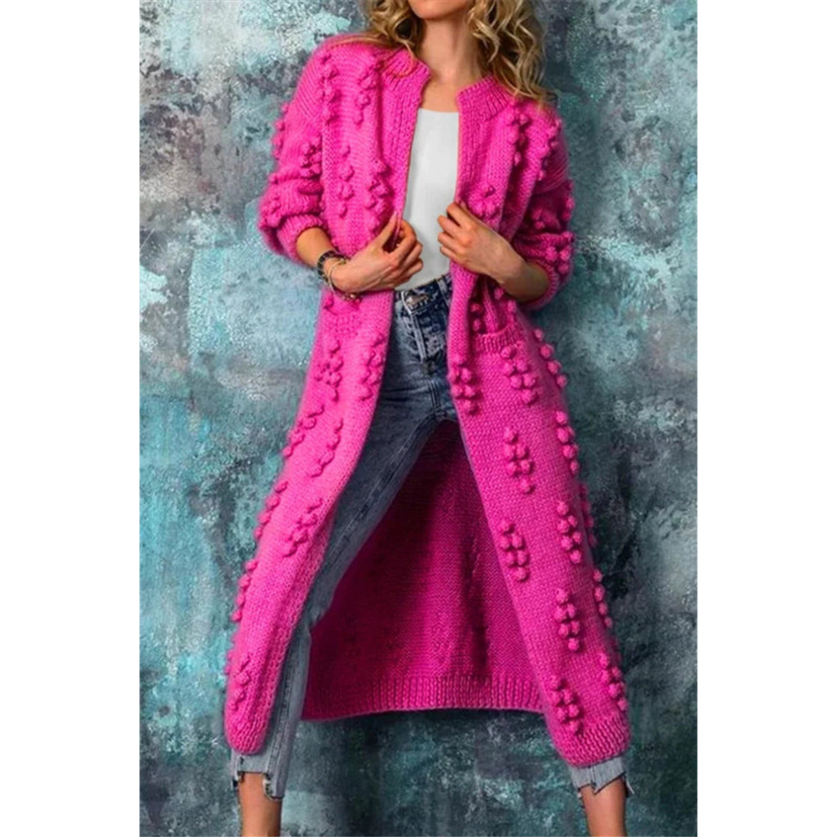 Long Knitted Cardigan Women Winter Stylish Poms Cozy Comfort 1