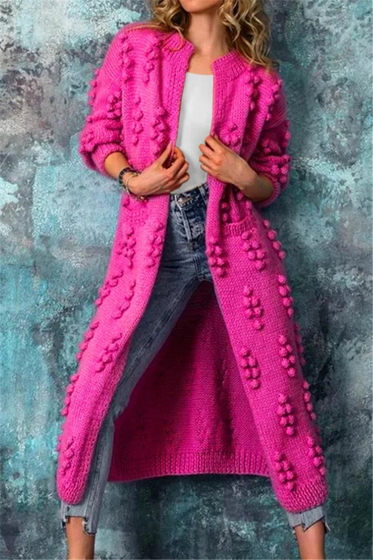 Long Knitted Cardigan Women Winter Stylish Poms Cozy Comfort 1
