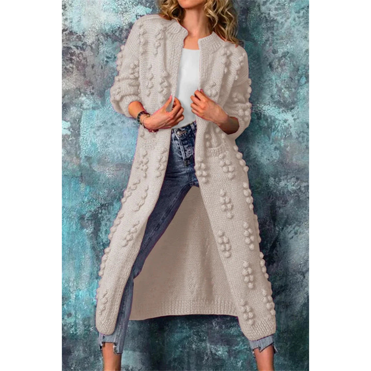 Long Knitted Cardigan Women Winter Stylish Poms Cozy Comfort 2