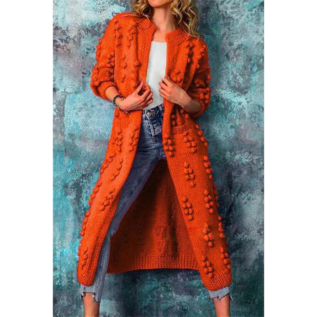Long Knitted Cardigan Women Winter Stylish Poms Cozy Comfort 4