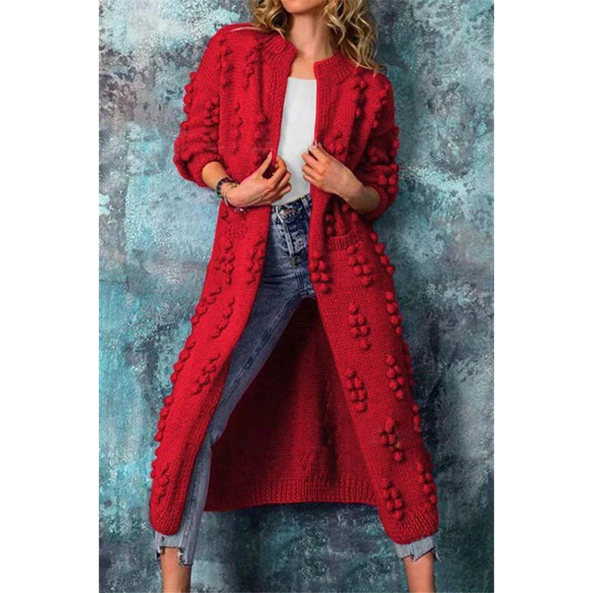 Long Knitted Cardigan Women Winter Stylish Poms Cozy Comfort 7