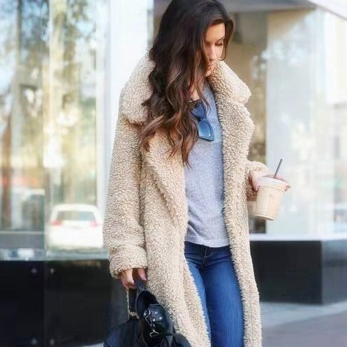 Long Oversized Winter Teddy Coat Women Lapel Collar Casual Chic 0