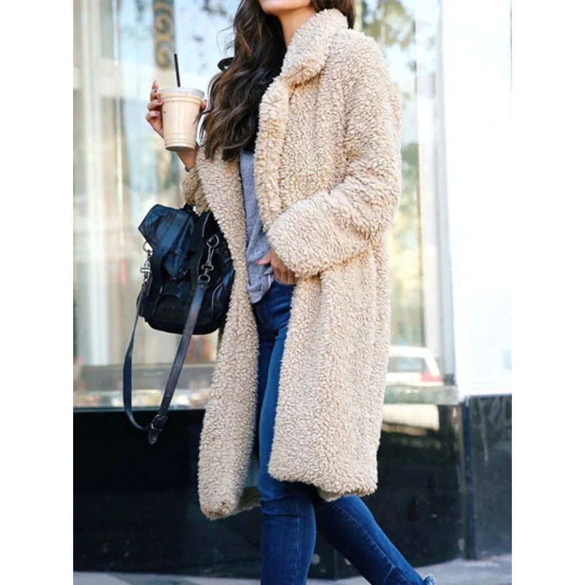 Long Oversized Winter Teddy Coat Women Lapel Collar Casual Chic 1