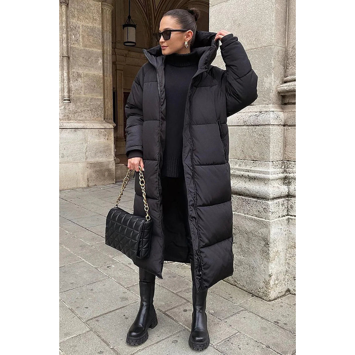 Long Puffer Coat Women High Neck Hooded Design Quilted Winter Warmth 0
