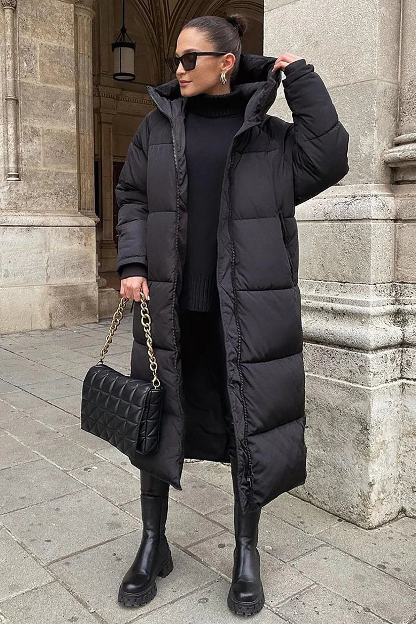 Long Puffer Coat Women High Neck Hooded Design Quilted Winter Warmth 0