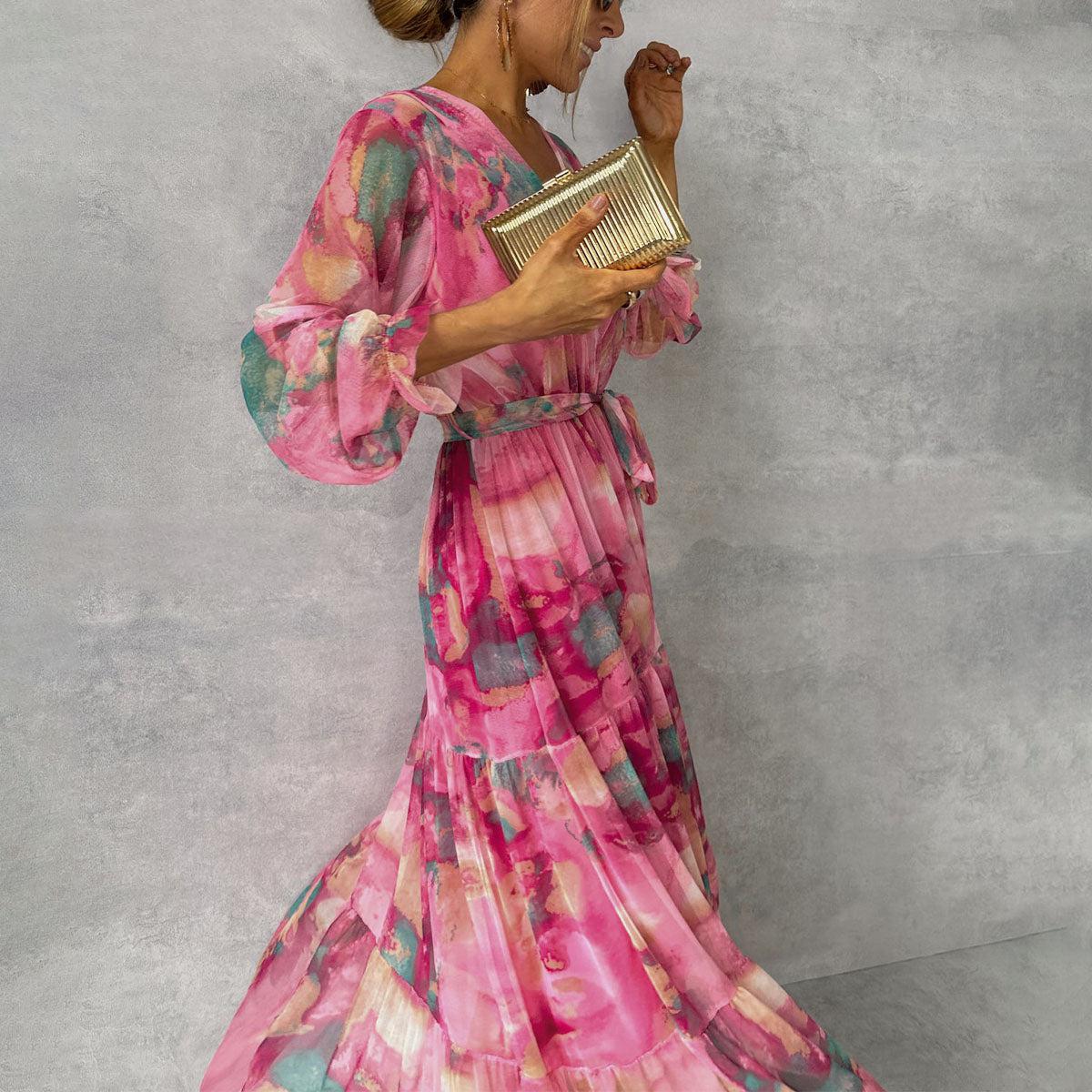Long Sleeve Floral Wrap Dress Women Elegant Maxi Style Summer Formal 0