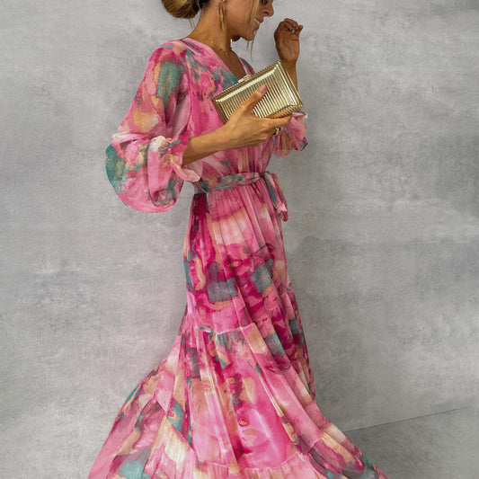 Long Sleeve Floral Wrap Dress Women Elegant Maxi Style Summer Formal 0