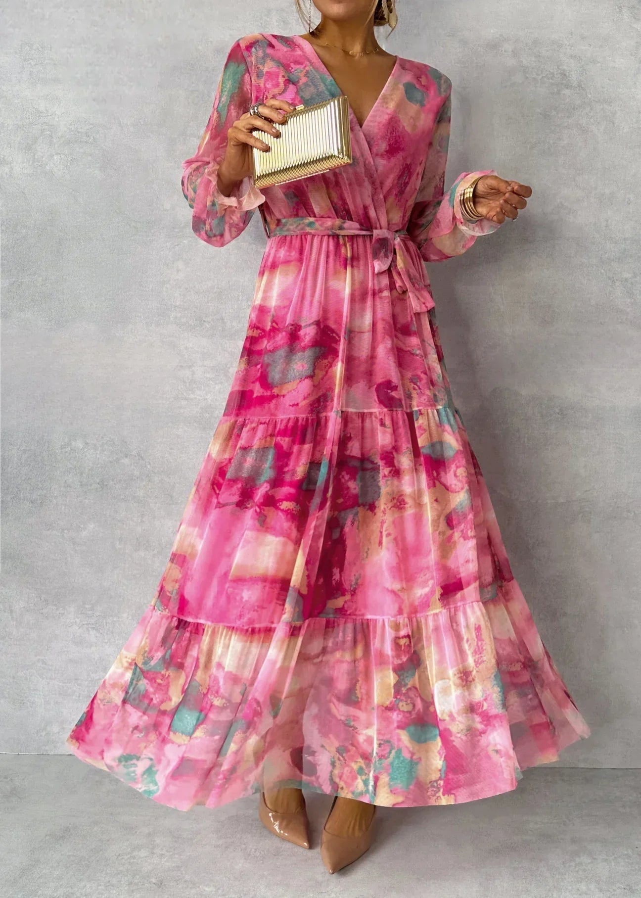 Long Sleeve Floral Wrap Dress Women Elegant Maxi Style Summer Formal 1