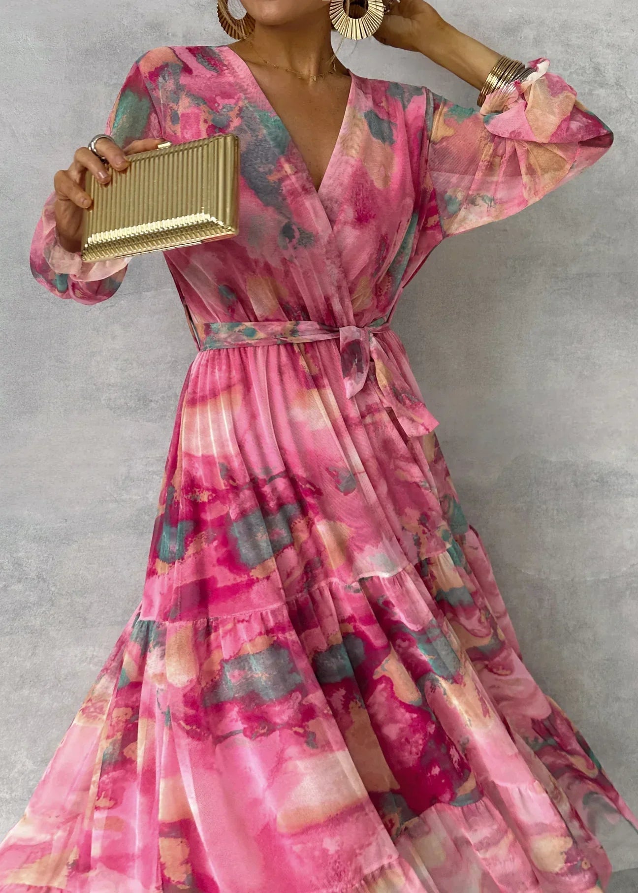 Long Sleeve Floral Wrap Dress Women Elegant Maxi Style Summer Formal 3
