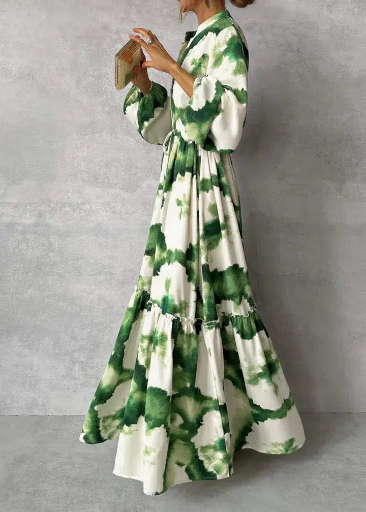 Long Sleeve Maxi Dress Women V-Neck Flowing Design Elegant 0