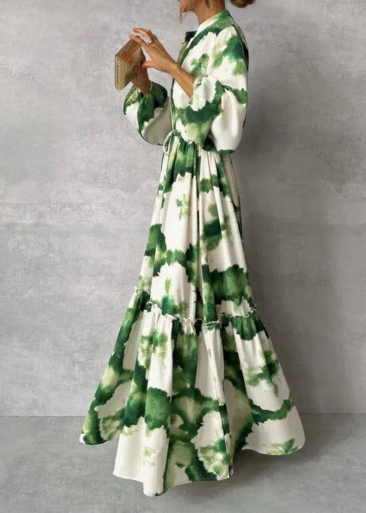 Long Sleeve Maxi Dress Women V-Neck Flowing Design Elegant 0