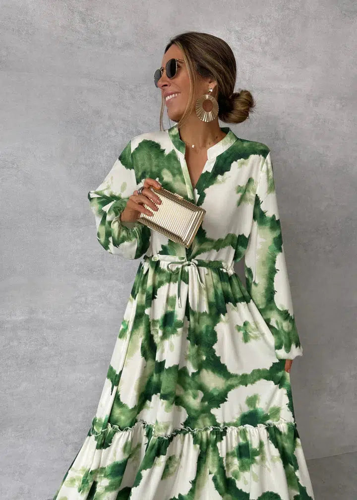 Long Sleeve Maxi Dress Women V-Neck Flowing Design Elegant 1