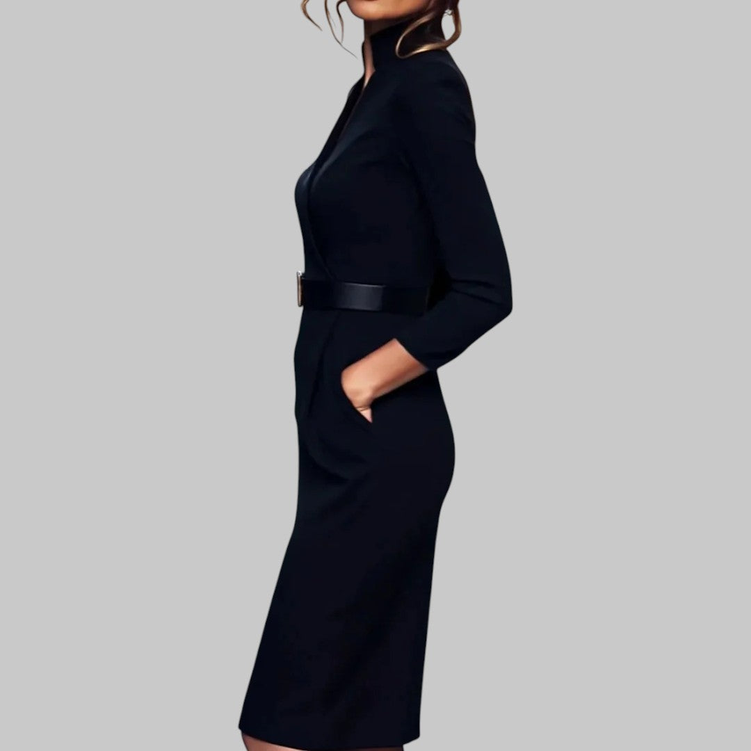 Long Sleeve Midi Dress Women Collar Belted Sheath Elegant Formal Office Wear 1
