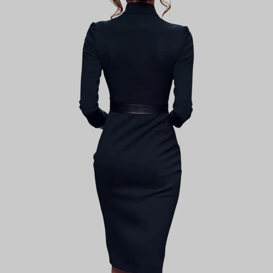 Long Sleeve Midi Dress Women Collar Belted Sheath Elegant Formal Office Wear 2