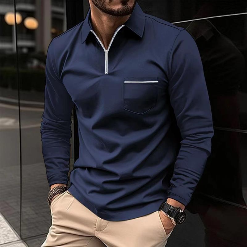 Long Sleeve Polo Shirt Men Classic Collar Chest Pocket Casual Comfort 0
