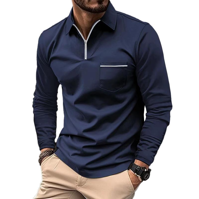 Long Sleeve Polo Shirt Men Classic Collar Chest Pocket Casual Comfort 1