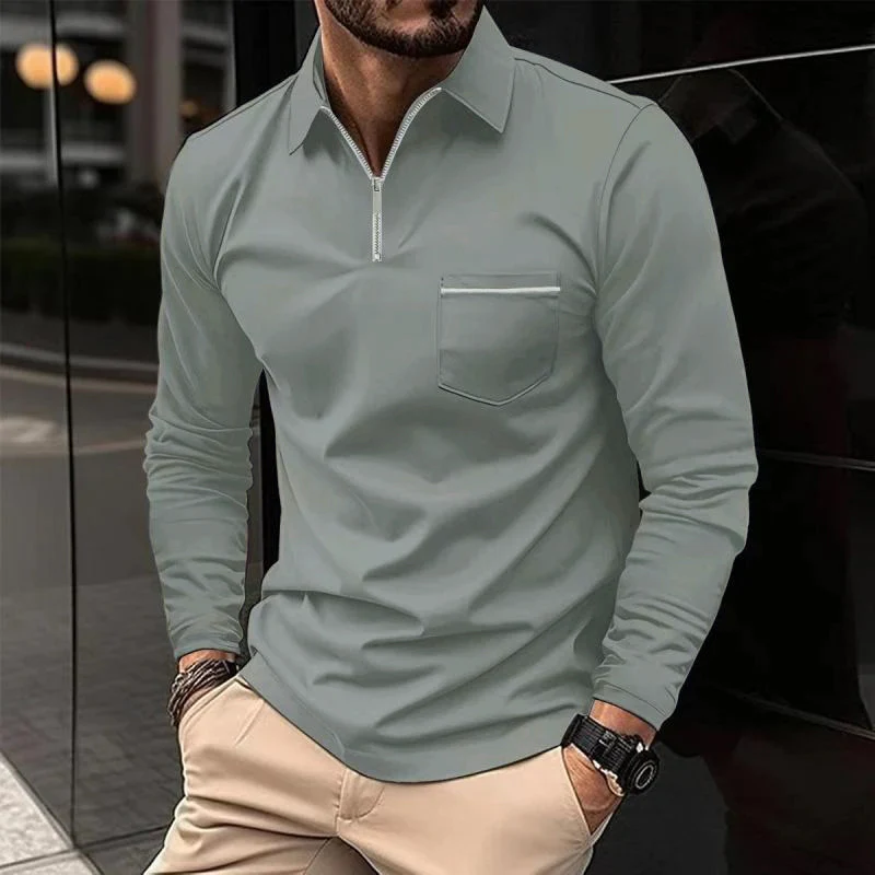 Long Sleeve Polo Shirt Men Classic Collar Chest Pocket Casual Comfort 3