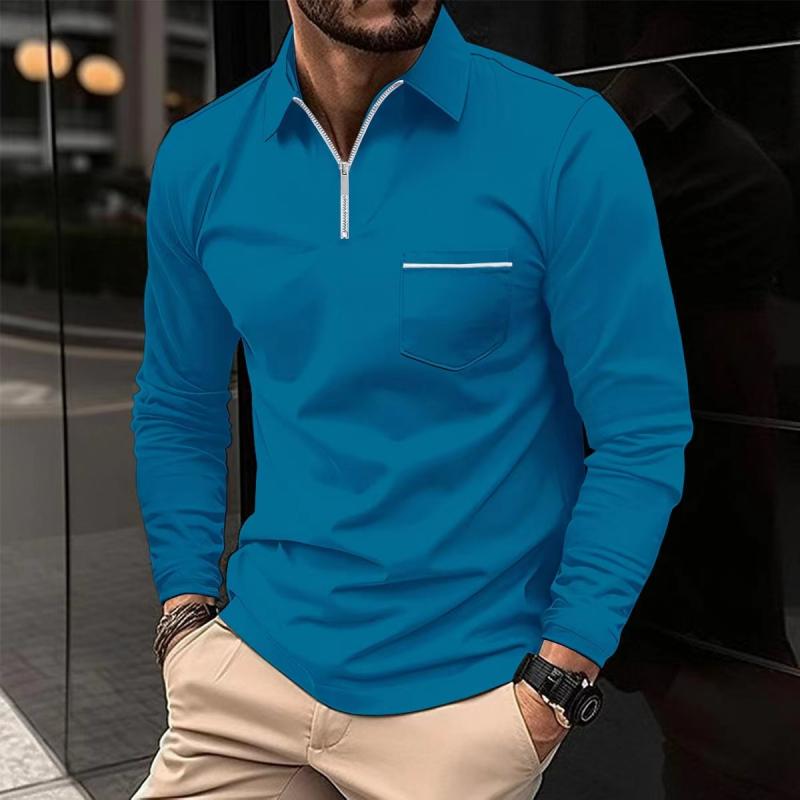 Long Sleeve Polo Shirt Men Classic Collar Chest Pocket Casual Comfort 5