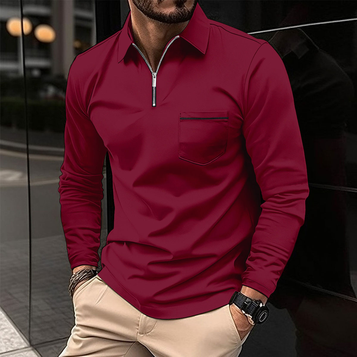 Long Sleeve Polo Shirt Men Classic Collar Chest Pocket Casual Comfort 6